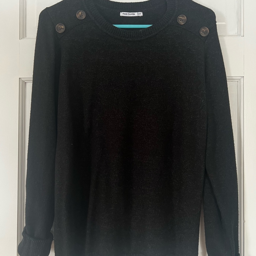 Pink Clover Black Crewneck Sweater with Button Accents